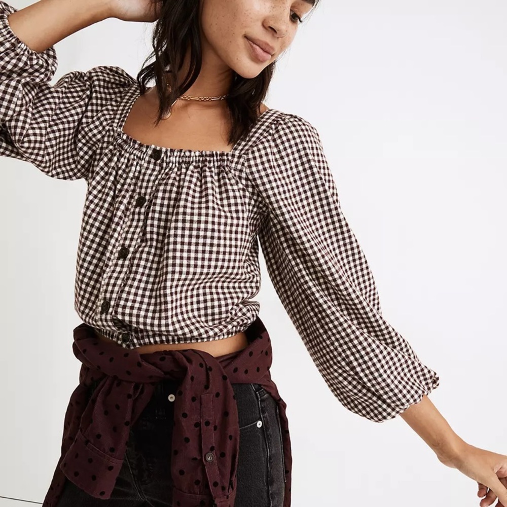 NWOT Madewell Puff-Sleeve Button-Front Crop Top in Plaid